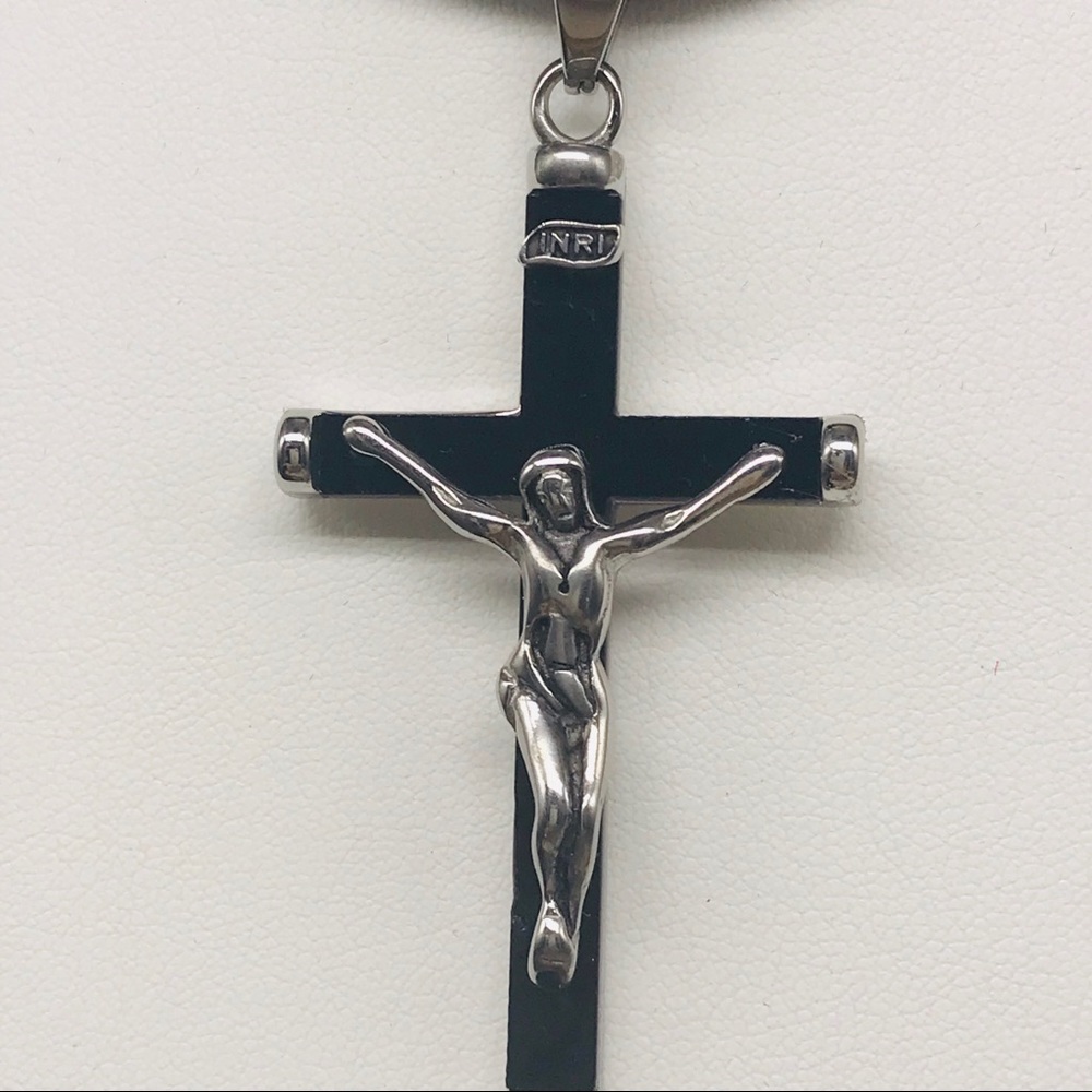 INRI Necklace Black cross pendant leather choke